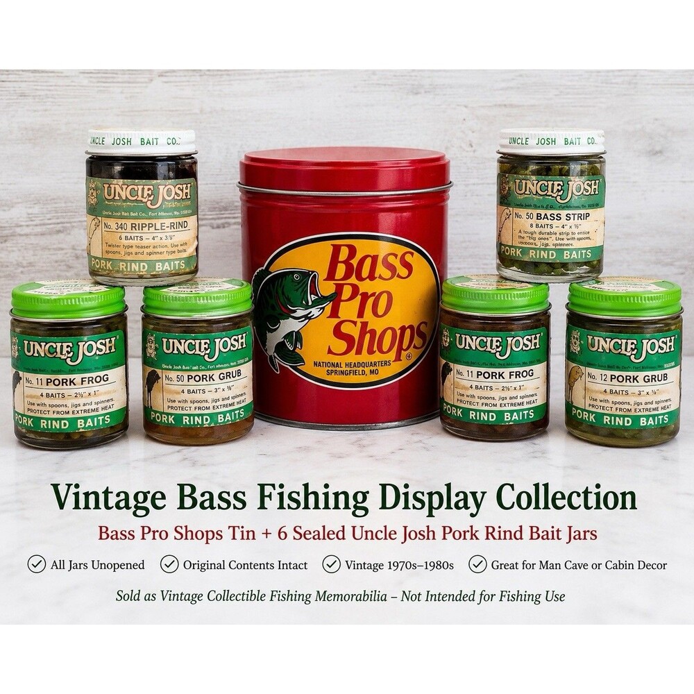 Vintage1960'S Bass Pro Shops Tin Sealed Uncle Josh Pork Rind Bait Jars Lot